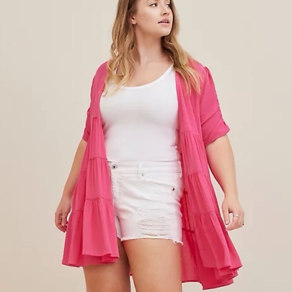 Torrid Crinkle Gauze Vibrant Pink Tiered Ruffle Kimono 3 3X - Picture 2 of 13